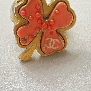 CHANEL Ring Gold Plated & Coral Pink Clover CC Logo Beads US Size 6.5 pre owned